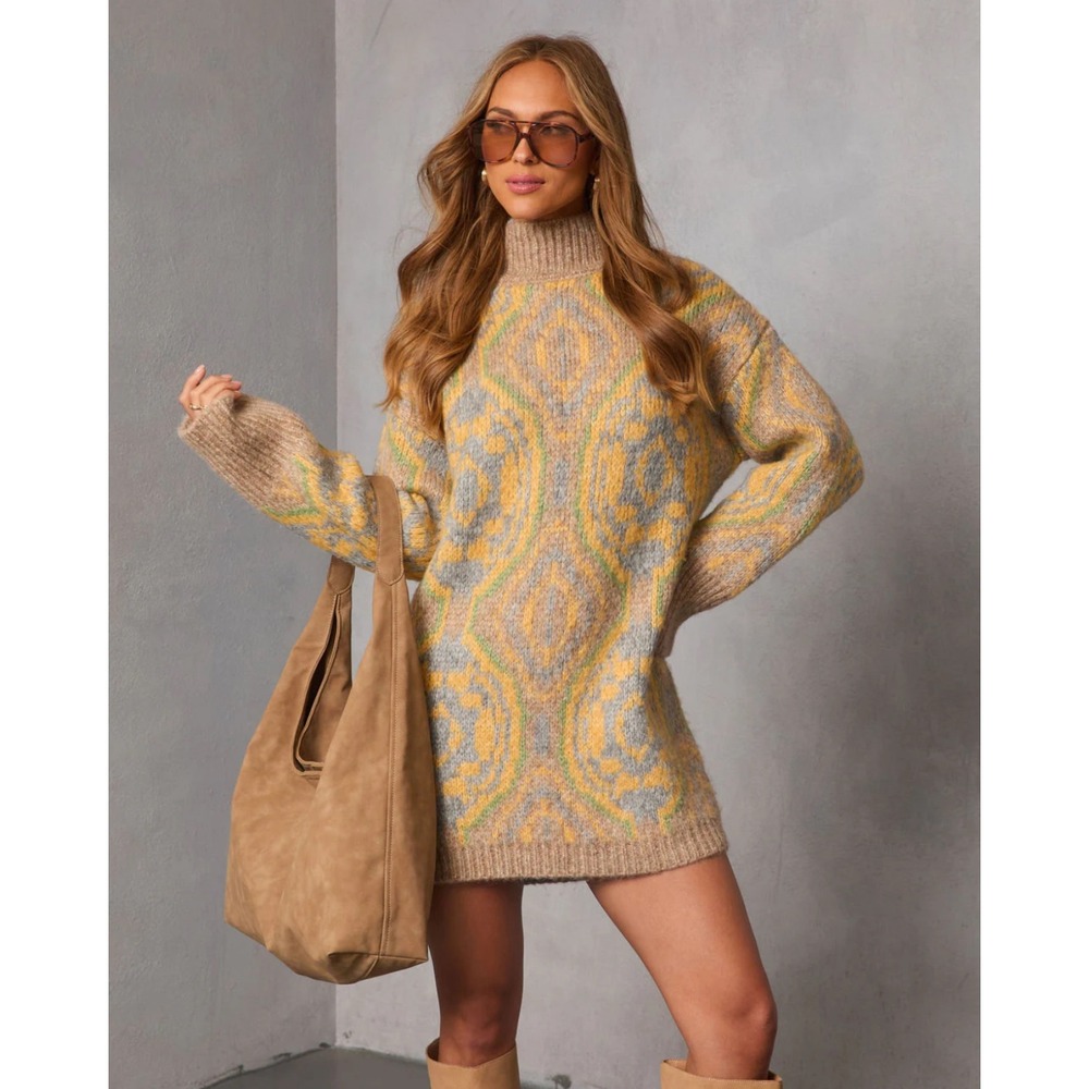 VICI Gillie Sweater Dress Womens Small Tan Yellow Geometric oversized chunky